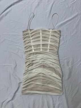 Ruched Sheer Mini Dress in Beige and Ivory